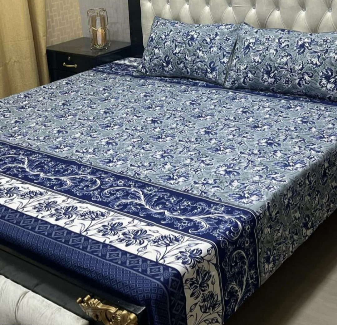 3 Pcs Crystal Cotton Printed Double Bedsheet
