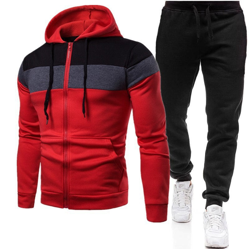 Men's casual three stitching zipper hoodie sweater autumn and winter fleece-lined warm zipper shirt hooded sweatshirt