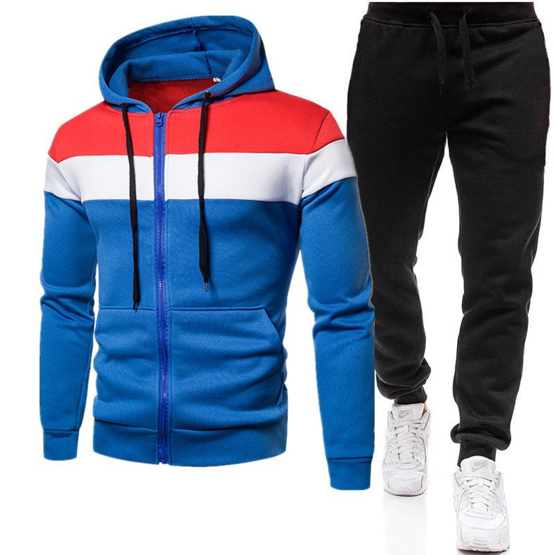 Men's casual three stitching zipper hoodie sweater autumn and winter fleece-lined warm zipper shirt hooded sweatshirt