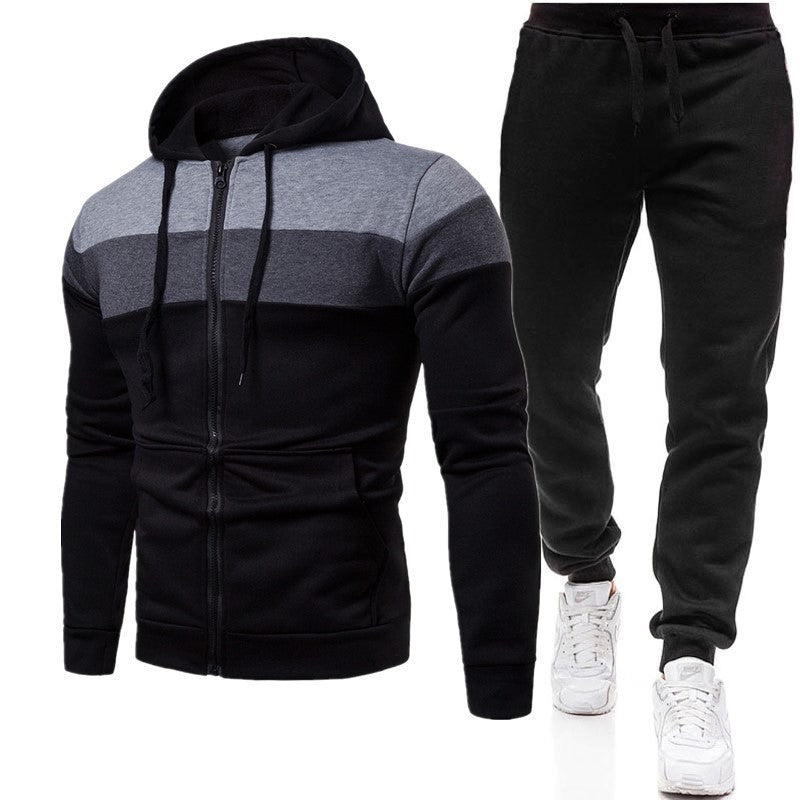 Men's casual three stitching zipper hoodie sweater autumn and winter fleece-lined warm zipper shirt hooded sweatshirt