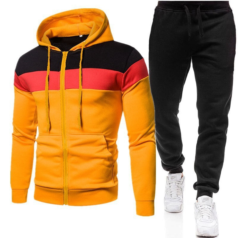 Men's casual three stitching zipper hoodie sweater autumn and winter fleece-lined warm zipper shirt hooded sweatshirt