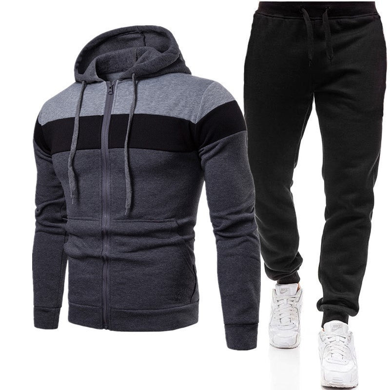 Men's casual three stitching zipper hoodie sweater autumn and winter fleece-lined warm zipper shirt hooded sweatshirt