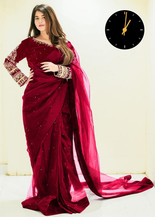 Stunning Maroon Embroidered Chiffon Stitched Saree - 3 Pcs Set