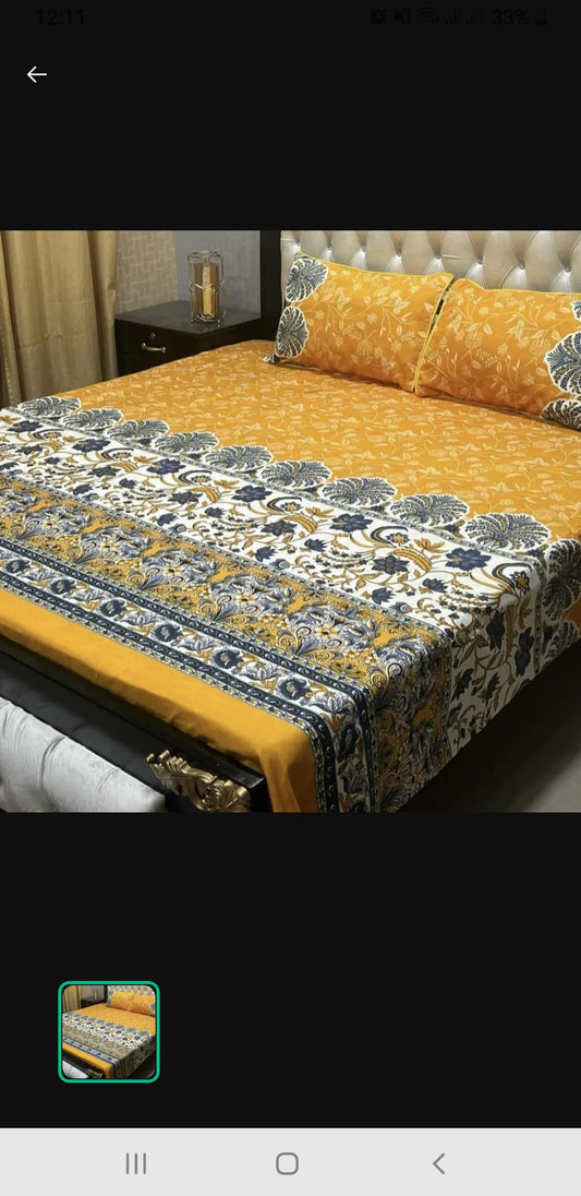  3 Pcs Crystal Cotton Printed Double Bedsheet
